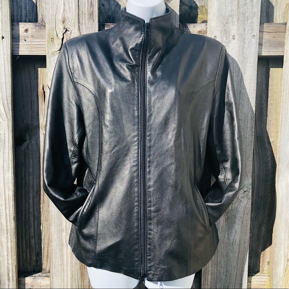 Italian Leather Women's Jacket Size 46 Black Zip Up Vintage Denis Leather Works